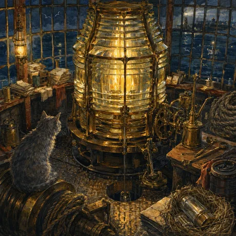 A brass lighthouse lens lit at night, with a cat sitting beside it.