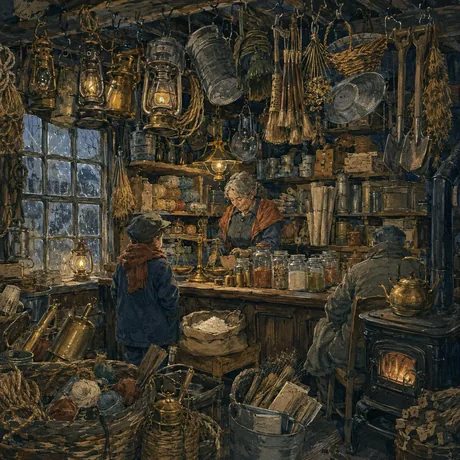 A cluttered island chandler's shop, lit by hanging lanterns.
