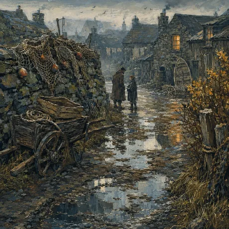 A wet cobbled lane in the island village at dusk, lit windows in the distance.