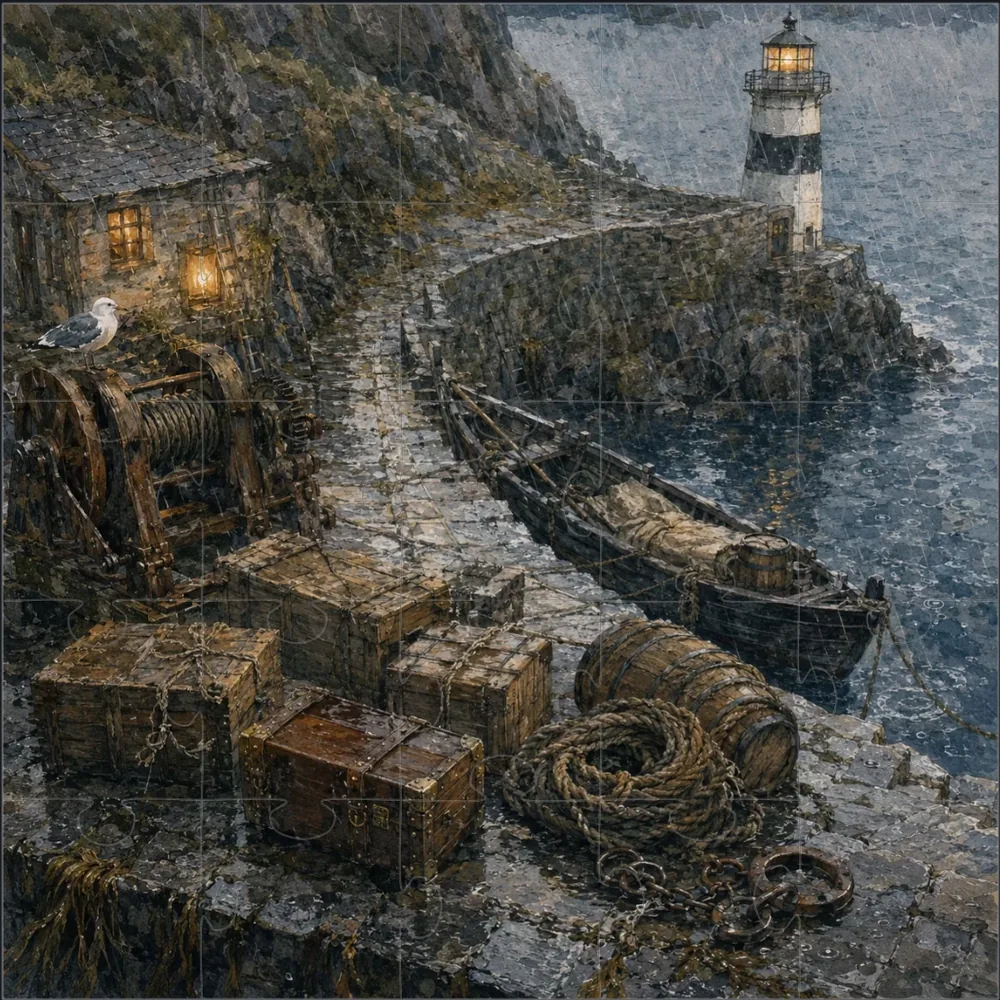 A finished 25-piece jigsaw of a rainy harbour with a lighthouse, the piece seams still faintly visible.