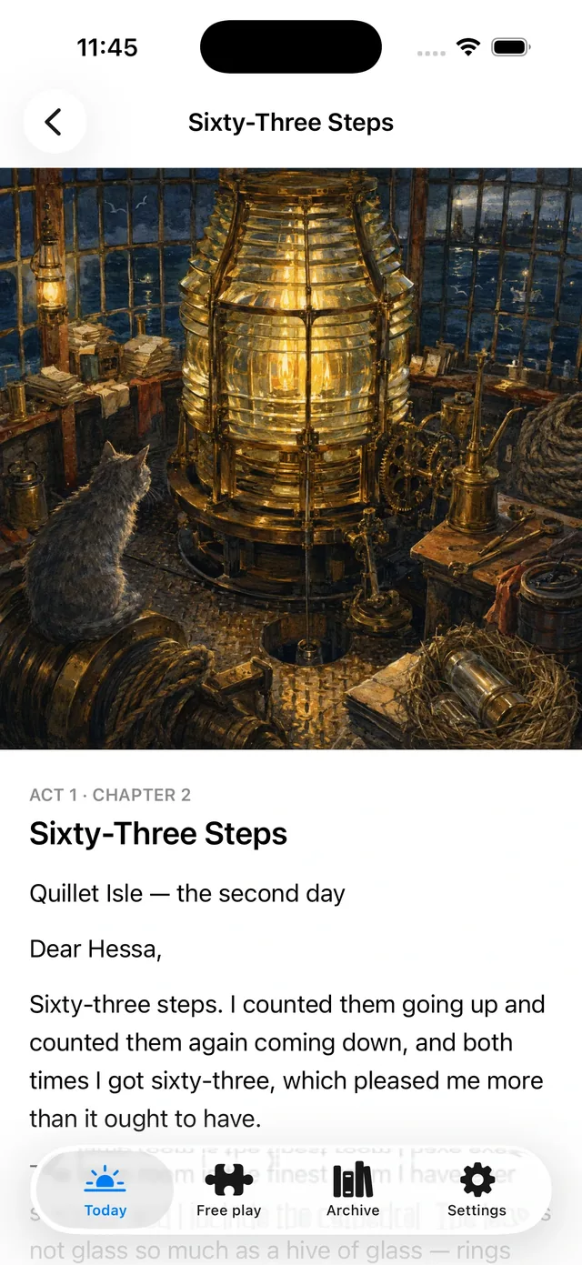 The chapter reader showing the illustration for Act 1 Chapter 2 above the text of the letter.