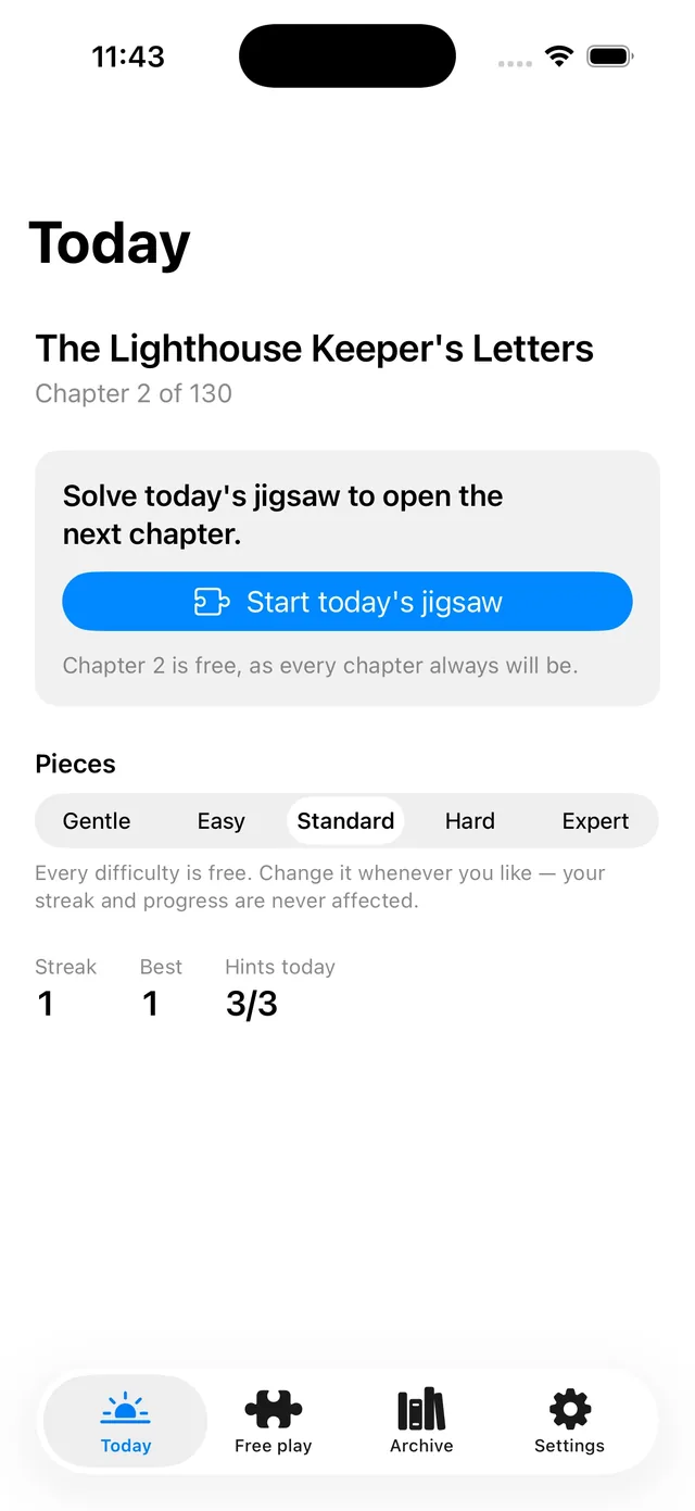 The Today screen showing Season 1, chapter 2 of 130, a button to start today's jigsaw, the five piece-count options and today's hint count.